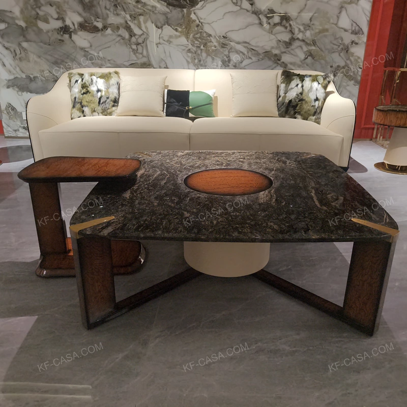 Luxury Square Coffee Table with Multi-Material Design Featuring Natural Wood Veneer and Marble-Effect Top